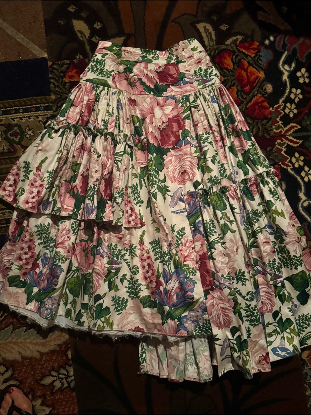 Tiered Floral Drop Waist FULL Midi Skirt in Pink and Green Cotton 6
